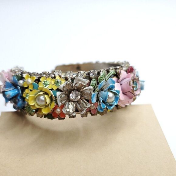 3D Floral Bangle Cuff Bracelet Rhinestones Cottagecore Flower Blue Pink Yellow - Picture 9 of 13